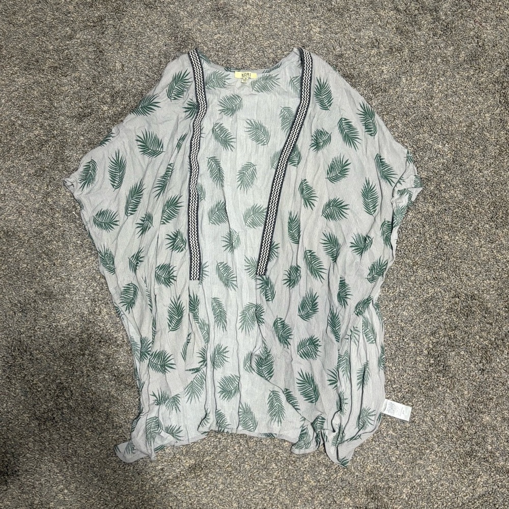 Kori America Palm Leaf Print Boho Blouse Green White Flowy Kimono Cover up Small